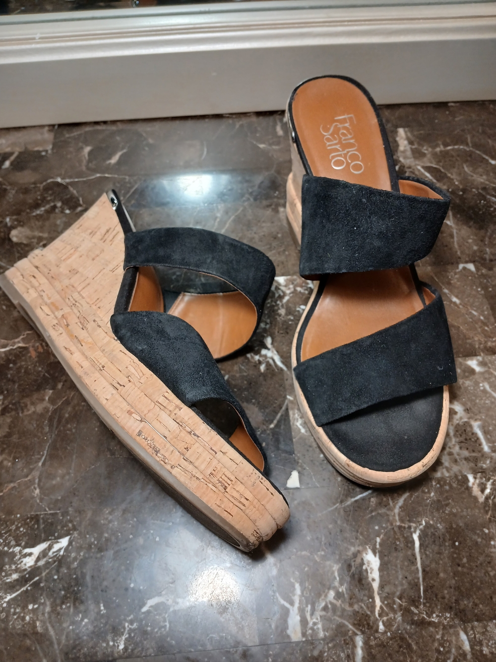 Franco Sarto Black Suede Cork Wedge Mules